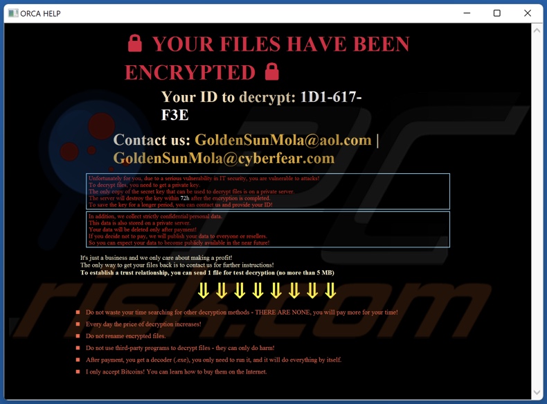 ORCA ransomware nota de resgate (HOW_TO_RECOVER_DATA.hta)