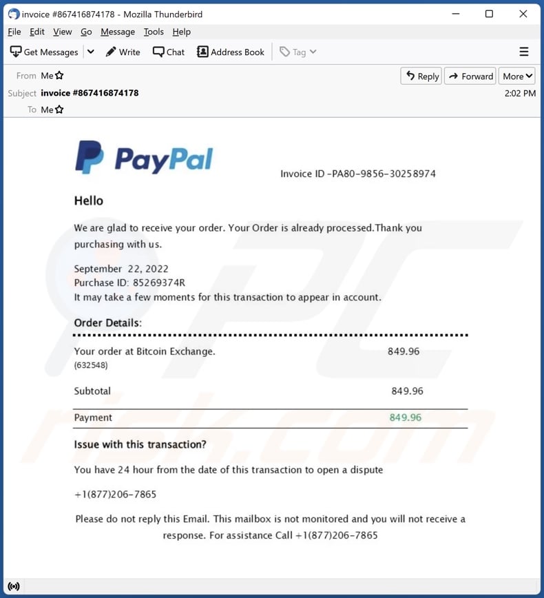 campanha de spam por email PayPal - Your Order Is Already Processed