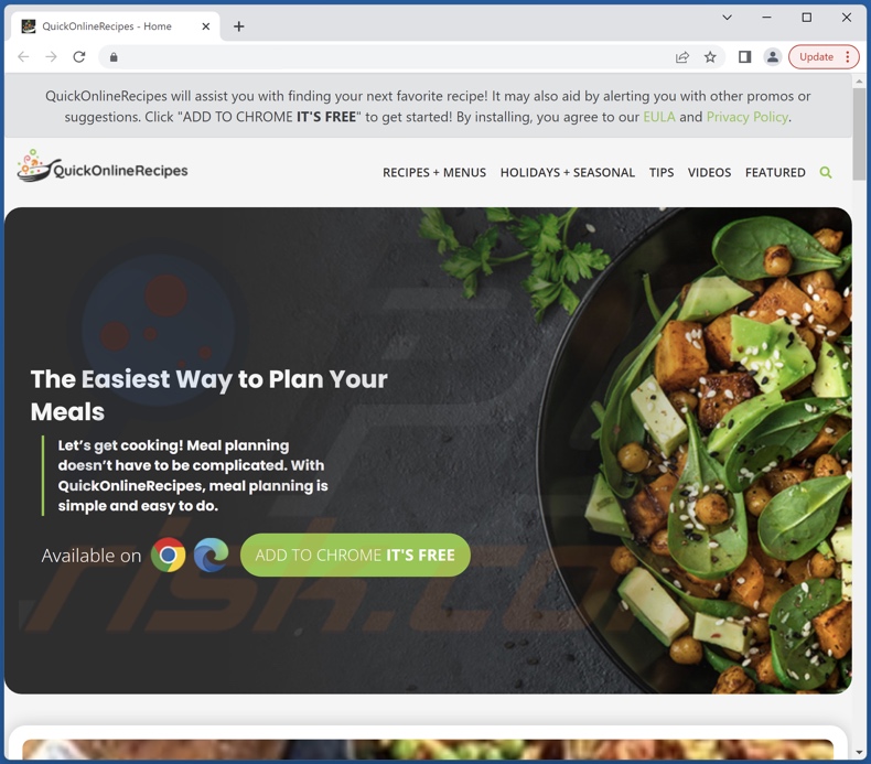 Site de promoção do adware Quick Online Recipes