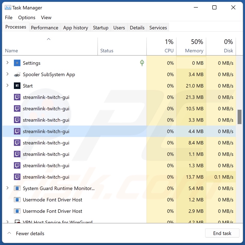 processo do adware streamlink-twitch-gui no Gestor de Tarefas (streamlink-twitch-gui - nome do processo)