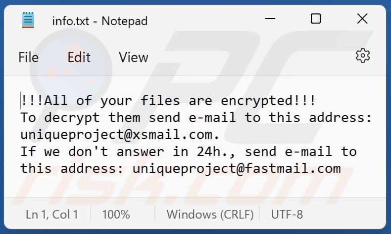 unique ficheiro txt do pedido de resgate do ransomware  (info.txt)
