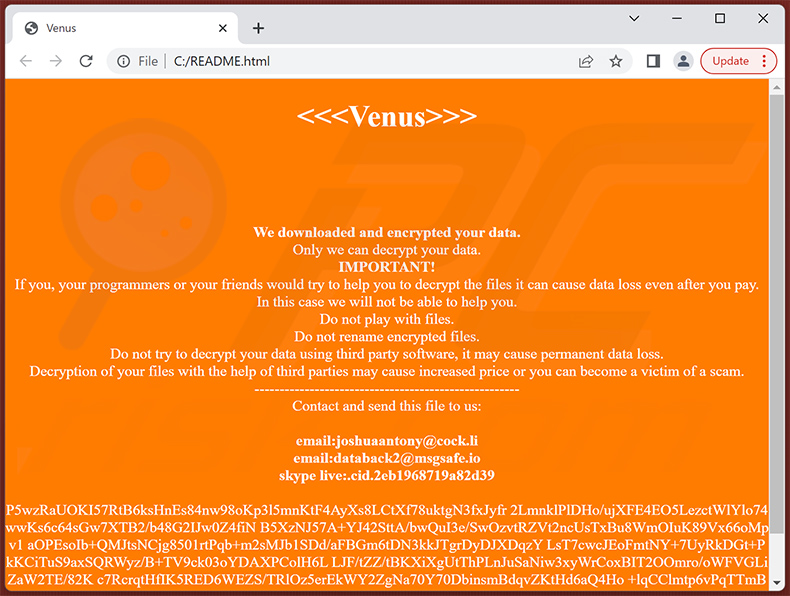 Ficheiro HTML do ransomware Venus (README.html)