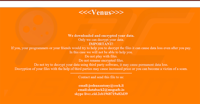 Janela pop-up do ransomware Venus 