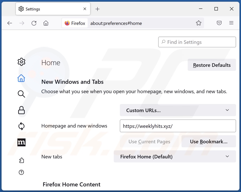 Remoção de weeklyhits.xyz da página inicial do Mozilla Firefox