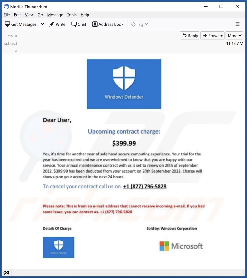 campanha de spam por email Windows Defender