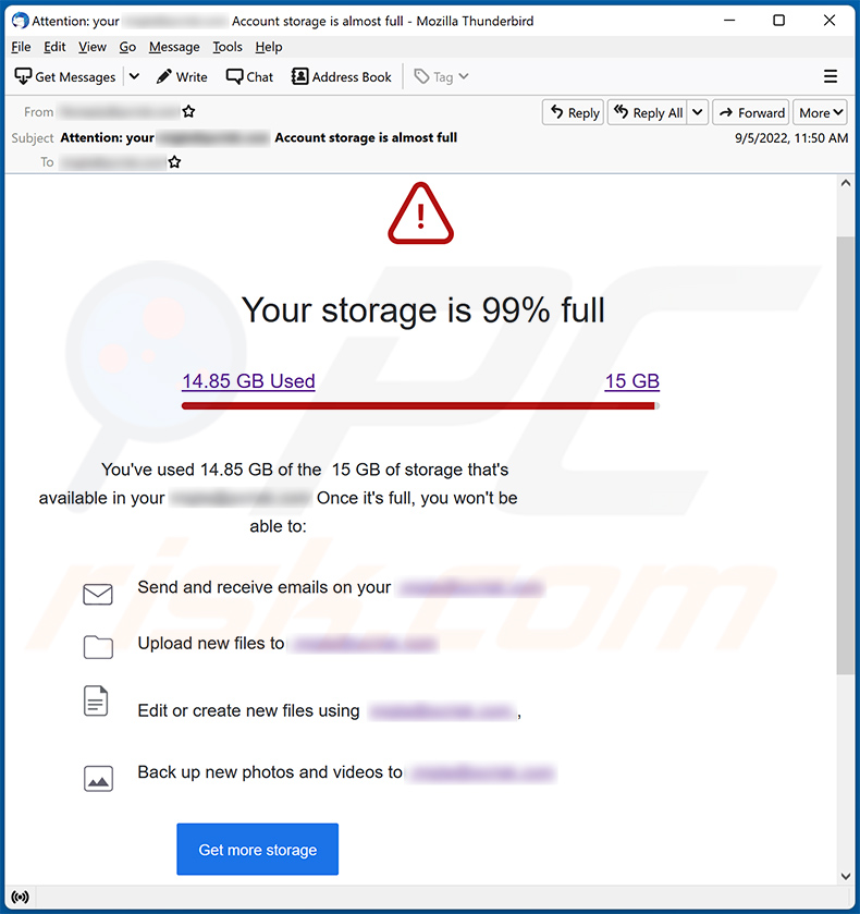 fraude por email You Have Used Up Your Mail Storage (2022-09-06)