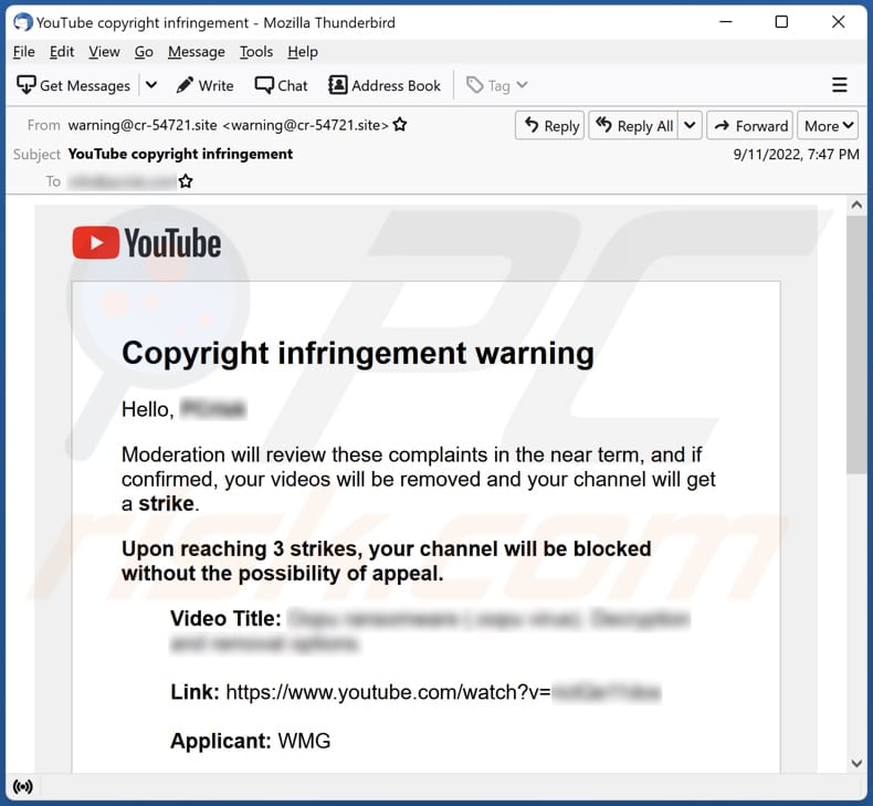 malware email de vírus a difundir email YouTube Copyright Infringement Warning