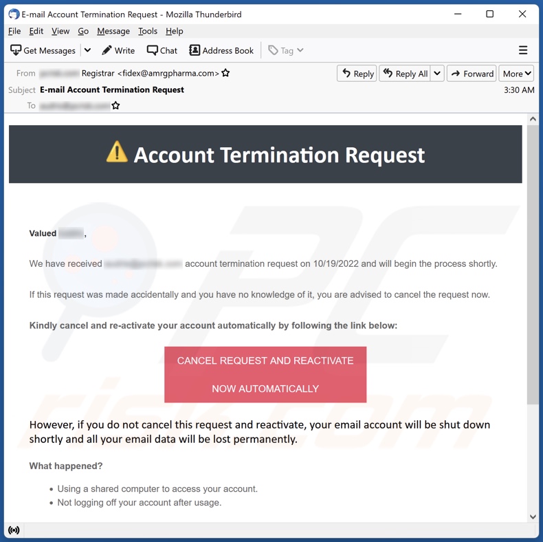 campanha de spam por email Account Termination Request