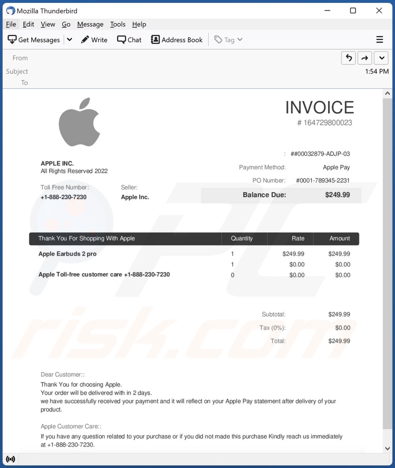campanha de spam por email Apple Invoice