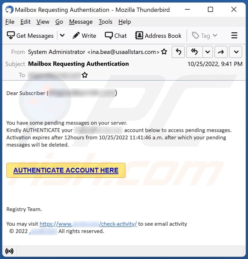 fraude por email Authenticate Account