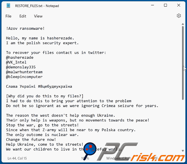 Nota de ransomware de Azov (RESTORE_FILES.txt)