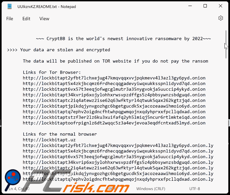 nota de resgate do ransomware CryptBB ([random_string].README.txt) GIF