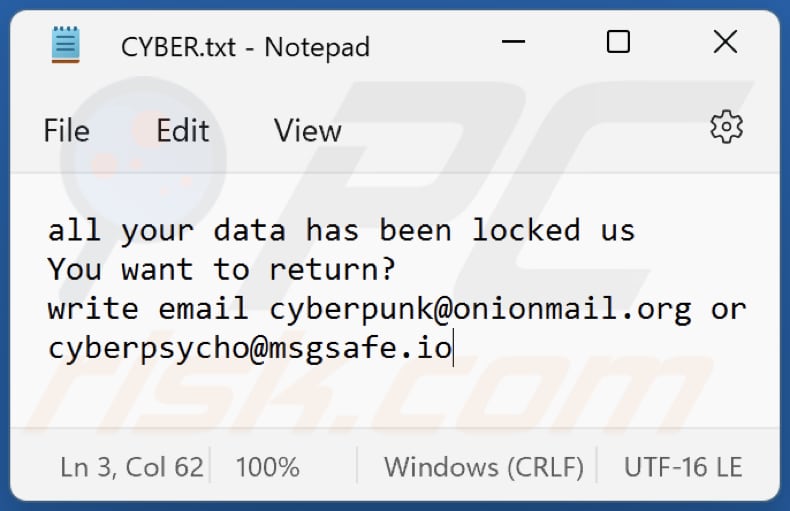ficheiro txt do ransomware Cyberpunk (CYBER.txt)