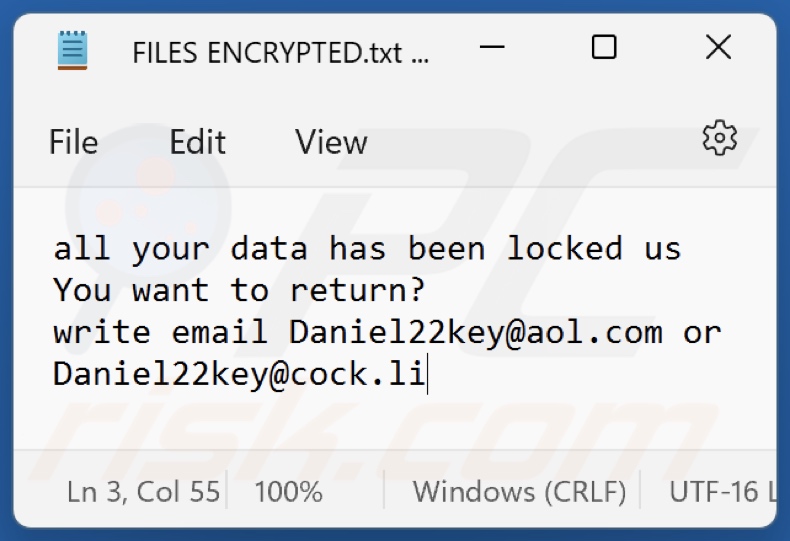 ficheiro de texto do ransomware Dkey (FILES ENCRYPTED.txt)
