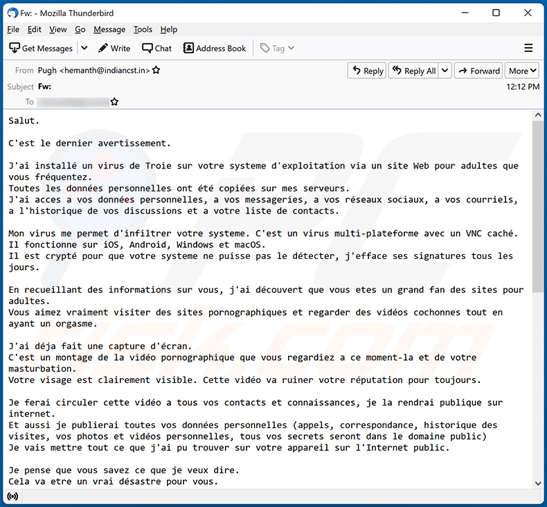 email spam de Final Warning (variante francesa)