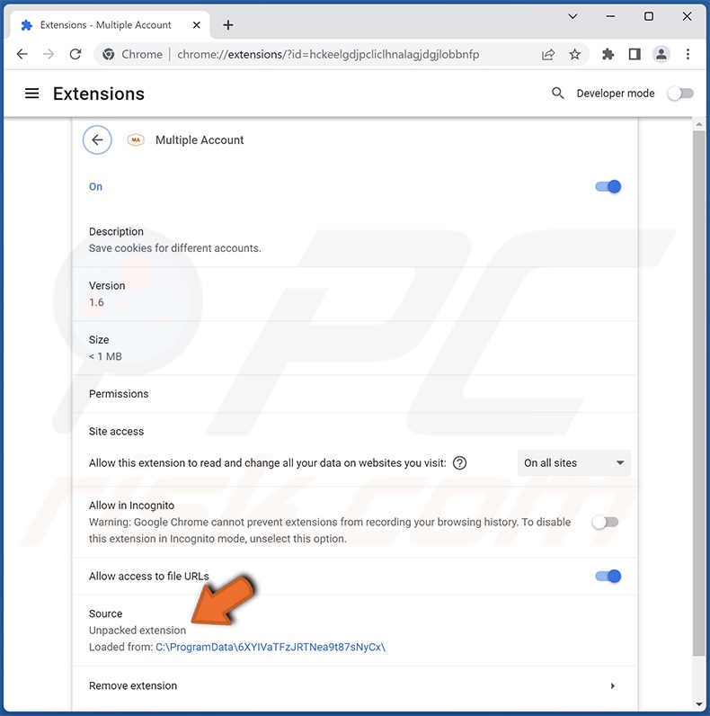 informação detalhada sobre o adware Multiple Account