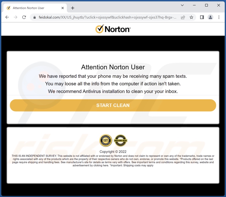 página da fraude inicial Norton - Your Phone May Be Receiving Many Spam Texts