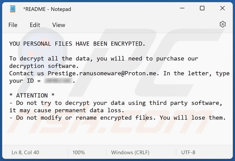 nota de resgate do ransomware Prestige (README file)