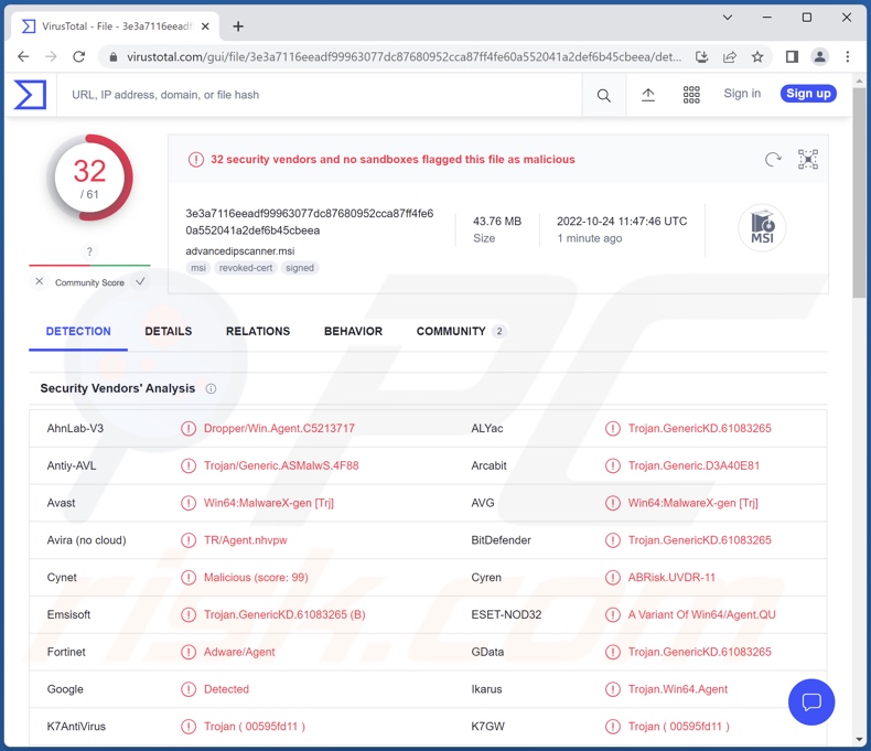 detecções de malware RomCom no VirusTotal