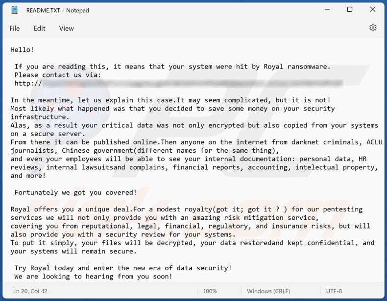 ficheiro de texto do ransomware Royal (README.txt)
