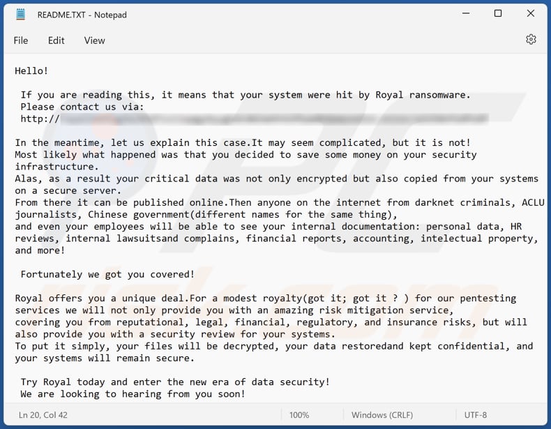 ficheiro de texto do ransomware Royal (README.txt)