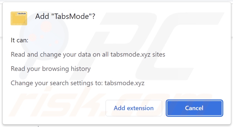 Permissões pedidas pelo sequestrador de navegador TabsMode