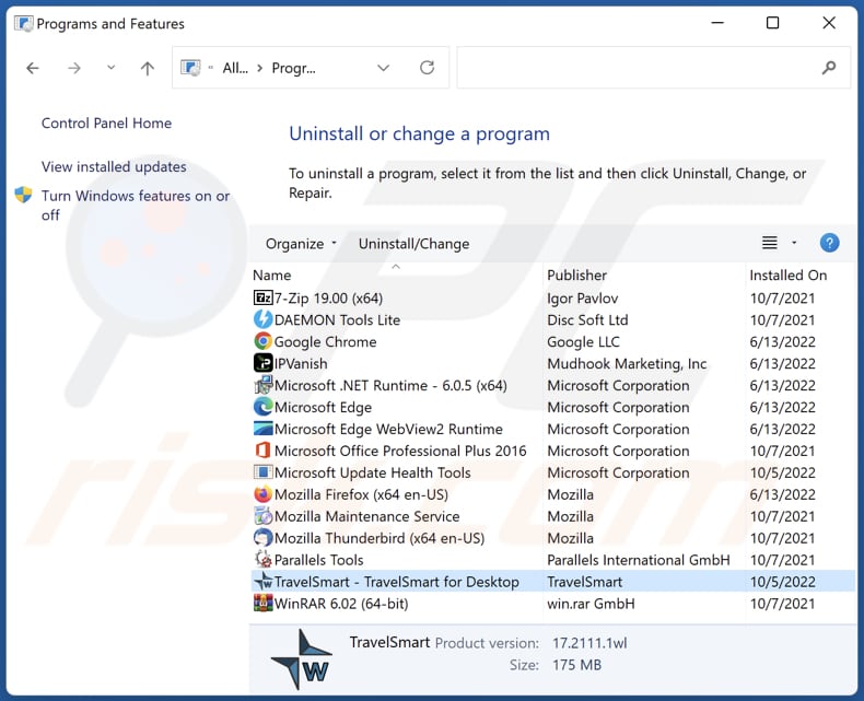 desinstalação do adware TravelSmart através do Painel de Controlo