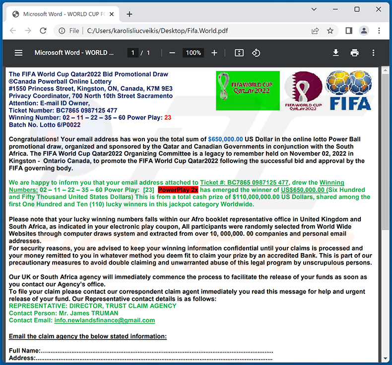 Fraude por Email 2022 FIFA Lottery Award (2022-11-17)