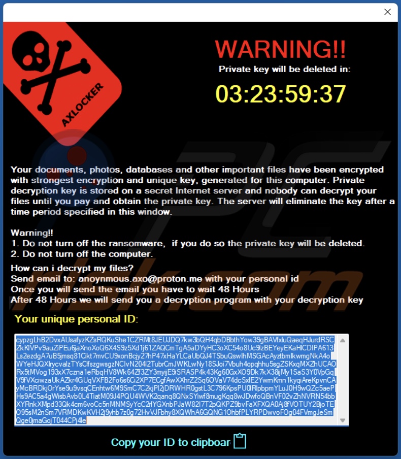 Nota de resgate do ransomware AXLocker (pop-up)