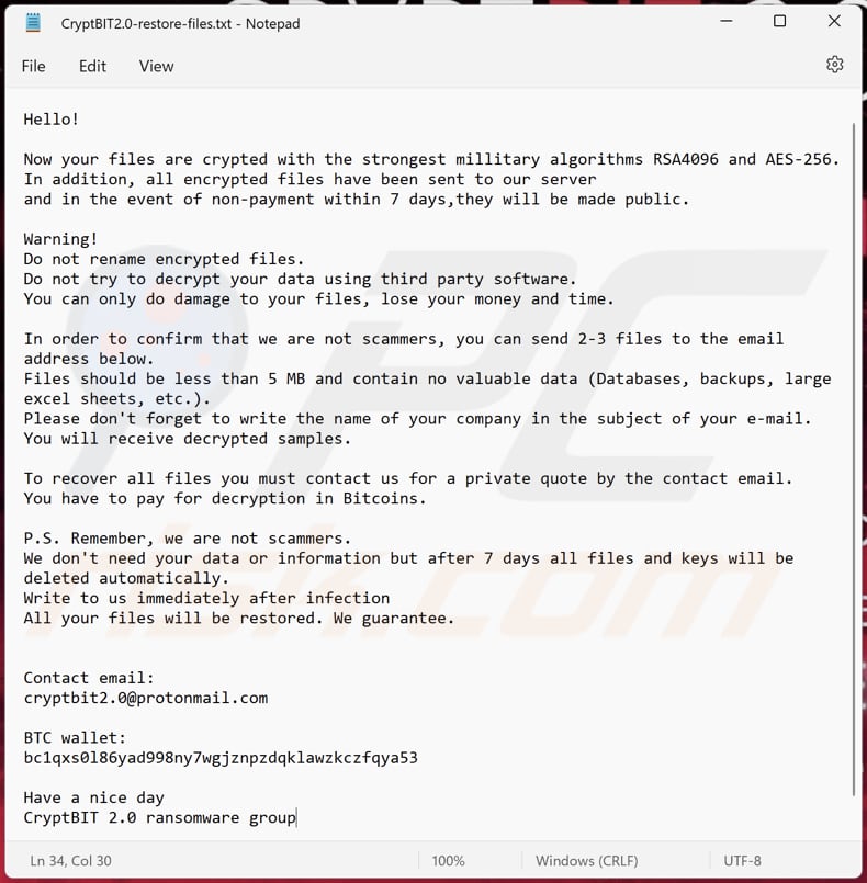 Ficheiro de texto do ransomware CryptBIT 2.0 (CryptBIT2.0-restore-files.txt)
