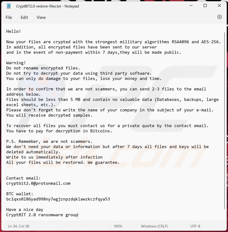 Ficheiro de texto do ransomware CryptBIT 2.0 (CryptBIT2.0-restore-files.txt)