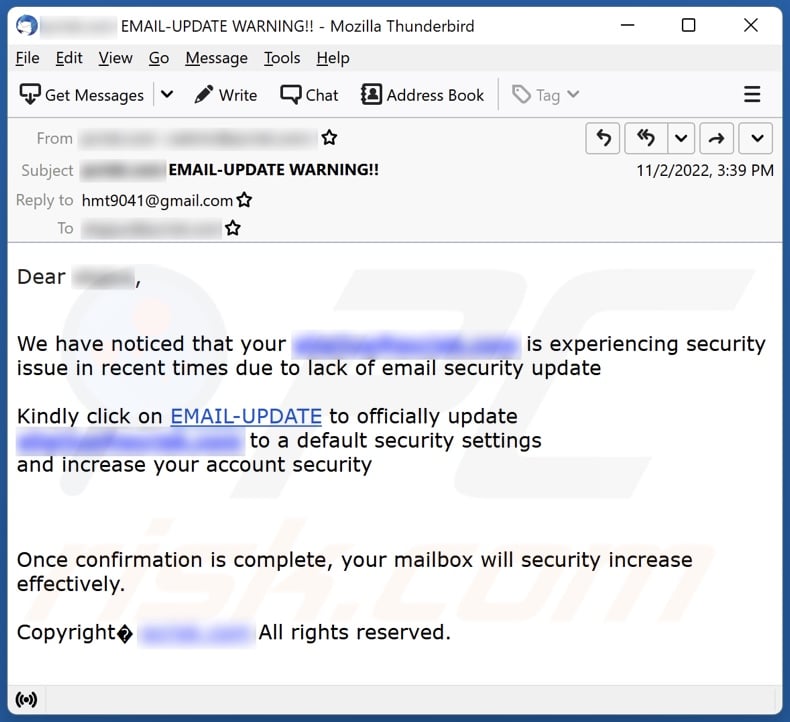 campanha de spam por email Email Security Update Scam