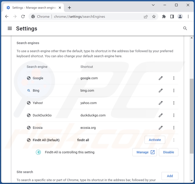 Removendo find.findit-all.com do motor de pesquisa padrão do Google Chrome