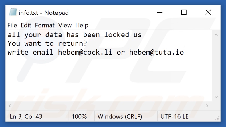 Ficheiro de texto do ransomware HBM (info.txt)