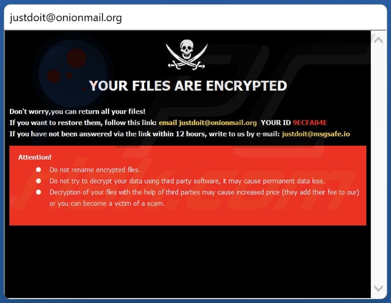 Nota de resgate do ransomware Just numa janela pop-up