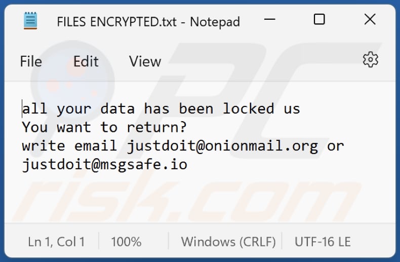 ficheiro txt do ransomware Just (FILES ENCRYPTED.txt)