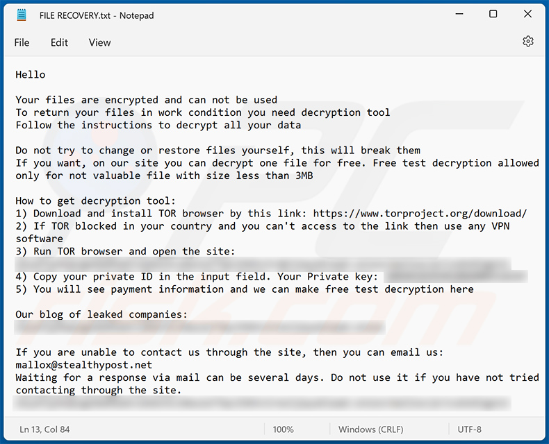 Nota de resgate actualizada de Mallox (FILE RECOVERY.txt)