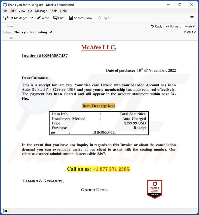 Pagamento para a fraude por email de McAfee Subscription exemplo 2