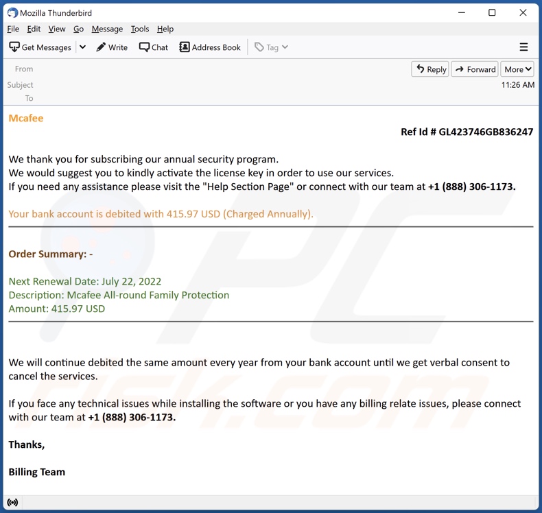 Pagamento para a fraude por email de McAfee Subscription exemplo 3
