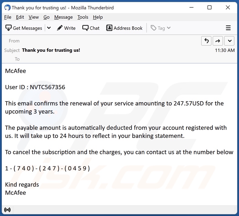 Pagamento para a fraude por email de McAfee Subscription exemplo 4