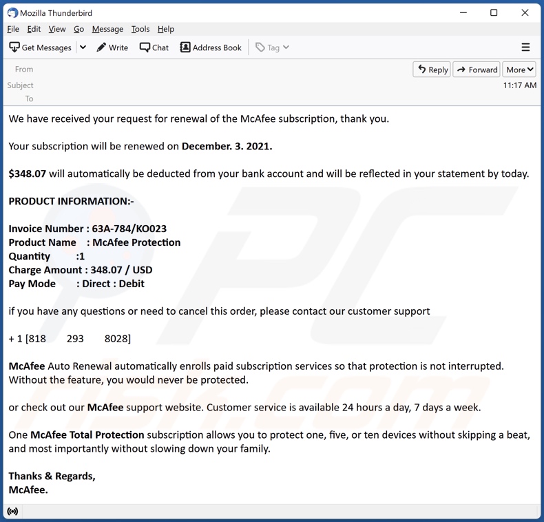 Pagamento para a fraude por email de McAfee Subscription exemplo 5