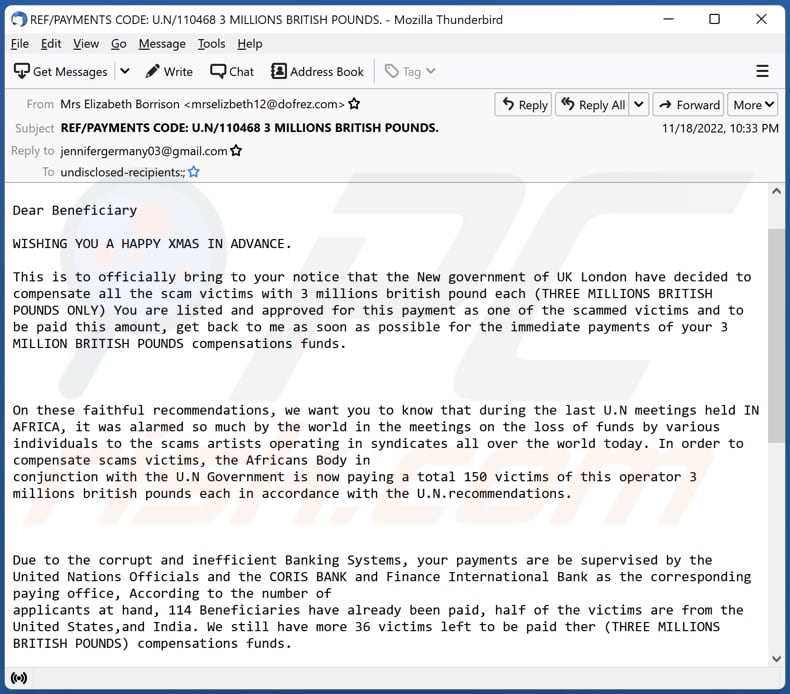 campanha de spam por email Scam Victim Compensation Funds