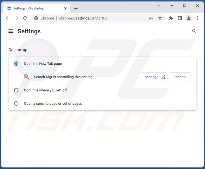 Remoção de searchmgr.online da página inicial do Google Chrome 