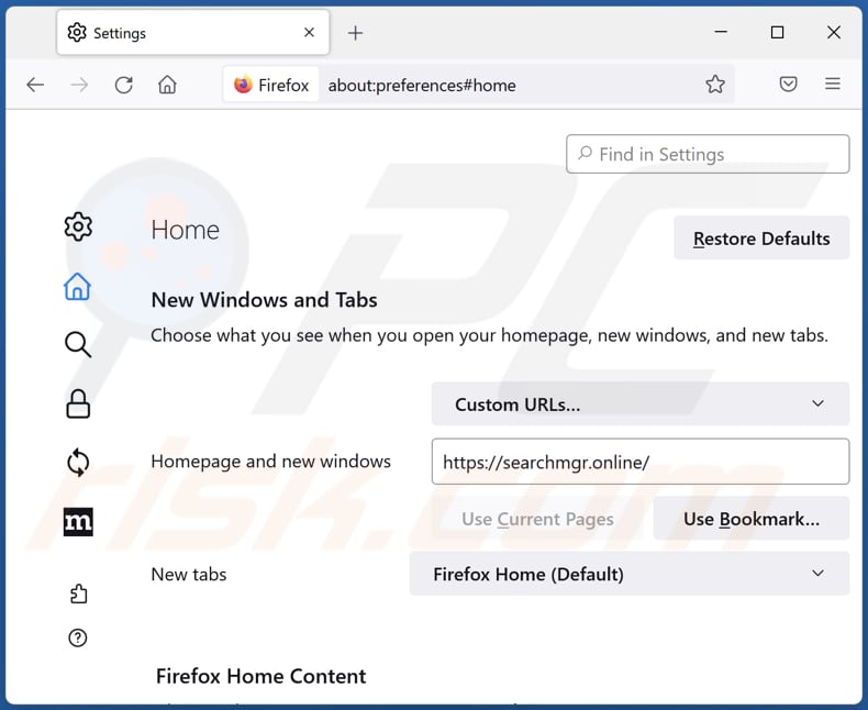 Remoção de searchmgr.online da página inicial do Mozilla Firefox