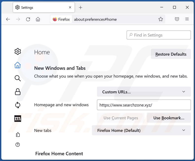Remoção de searchzone.xyz da página inicial do Mozilla Firefox