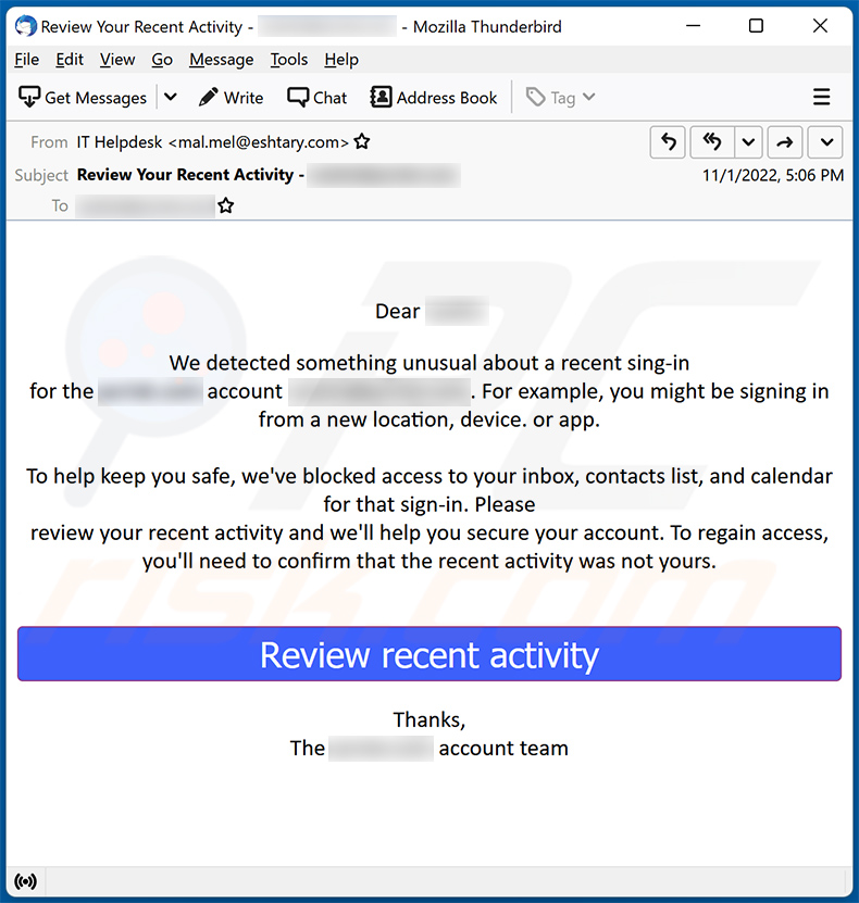 Unusual Sign-in Activity-email de spam temático (2022-11-04)