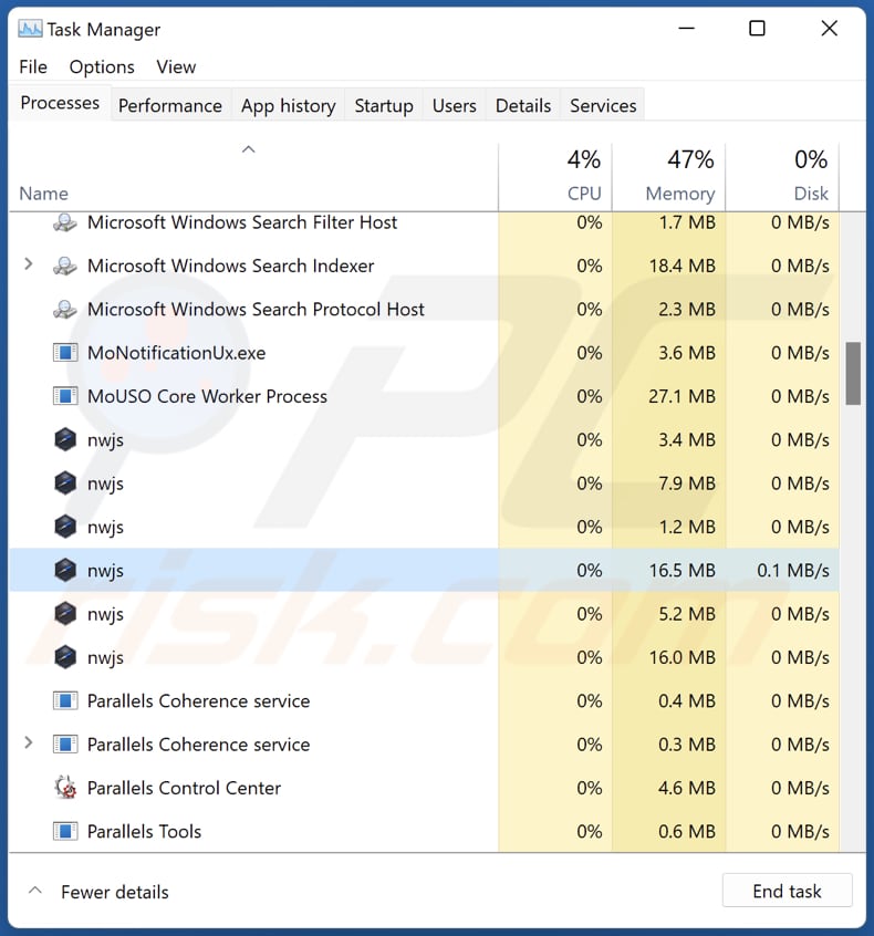 processo nwjs no gestor de tarefas do adware videos 