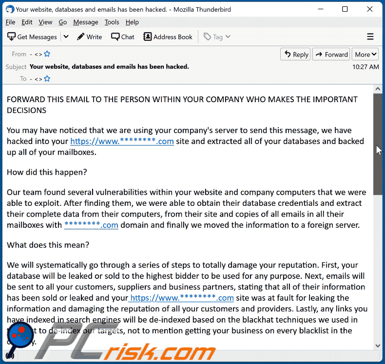 aparência de email fraudulento We Are Using Your Company's Server To Send This Message