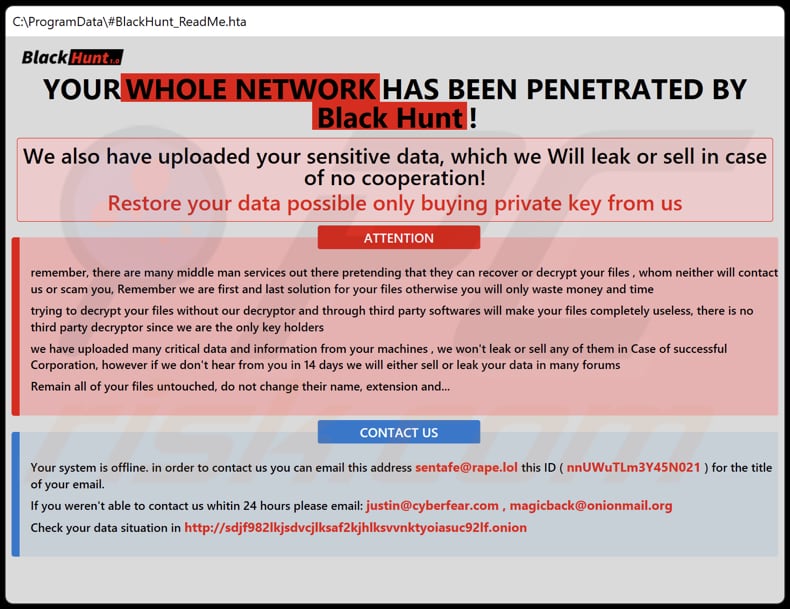 Ficheiro HTA do ransomware Black Hunt (BlackHunt_ReadMe.hta)