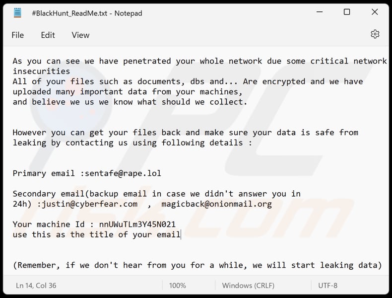 Nota de resgate do ransomware Black Hunt num ficheiro de texto (#BlackHunt_ReadMe.txt)